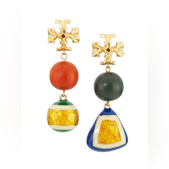 🆕Authentic Tory Burch Roxanne Wood & Resin Mismatched Double Drop Earrings - Picture 3 of 15